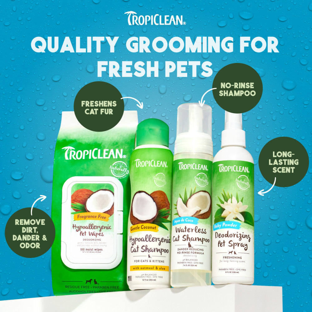 TropiClean pet care products on a blue background with product names and features highlighted.