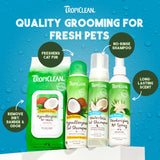 TropiClean pet care products on a blue background with product names and features highlighted.