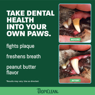 TropiClean Fresh Breath peanut butter pet toothpaste with before and after photos showing dog teeth cleaning results.