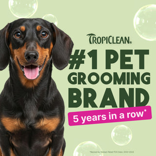 Dog with Tropiclean branding claiming to be #1 pet grooming brand for 5 years in a row on a light green background.