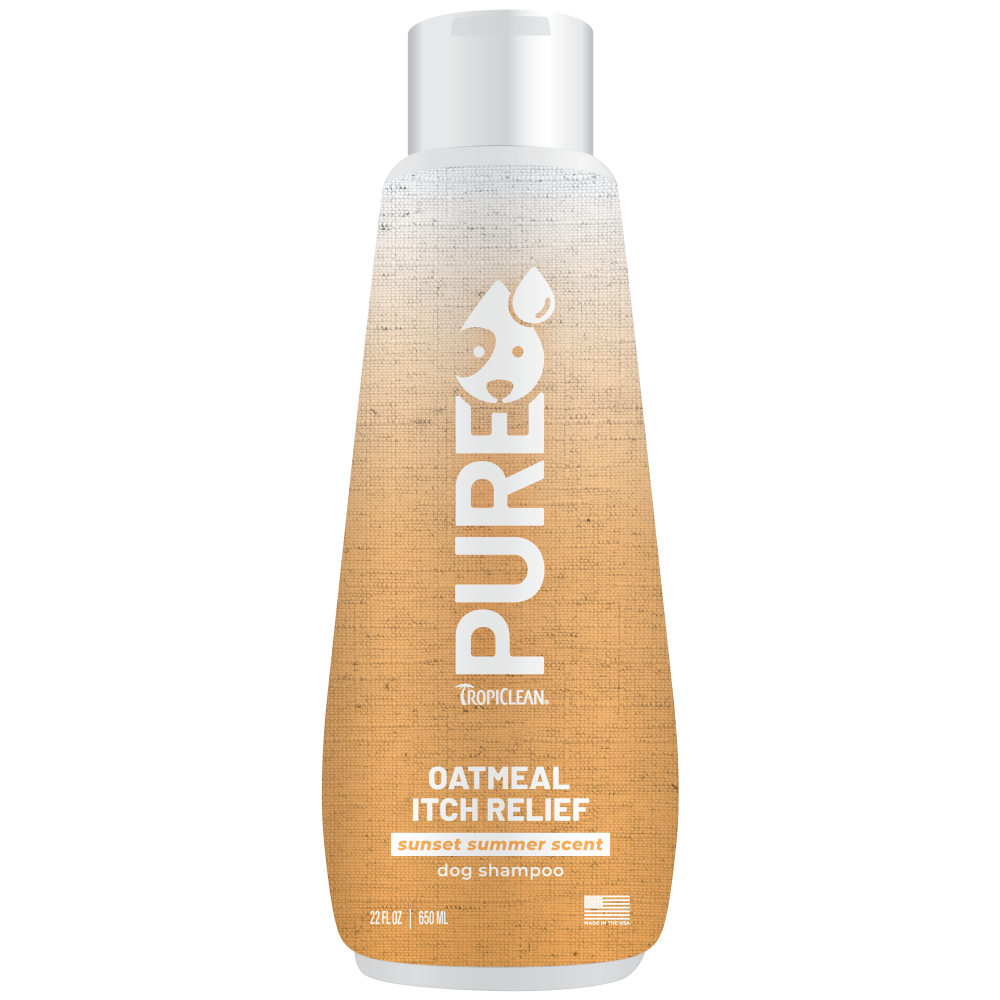 TropiClean PURE Sunset Summer Oatmeal Itch Relief Plant-Based Pet Shampoo, front of 22oz bottle