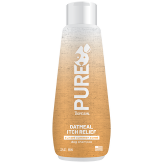 TropiClean PURE Sunset Summer Oatmeal Itch Relief Plant-Based Pet Shampoo, front of 22oz bottle