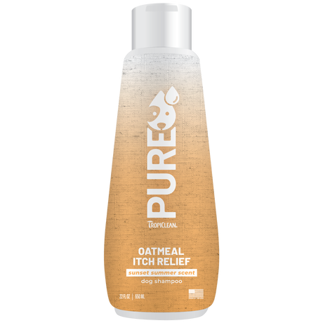 TropiClean PURE Sunset Summer Oatmeal Itch Relief Plant-Based Pet Shampoo, front of 22oz bottle