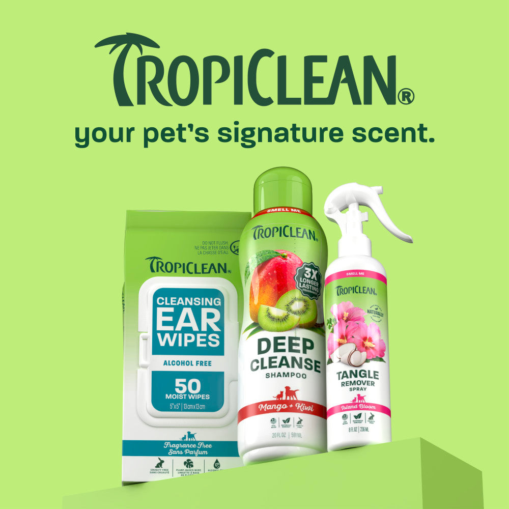 TropiClean line up on light green background.