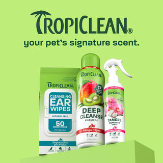 TropiClean line up on light green background.