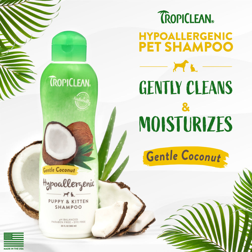 TropiClean Gentle Coconut Hypoallergenic Puppy and Kitten Shampoo bottle with coconut and aloe vera