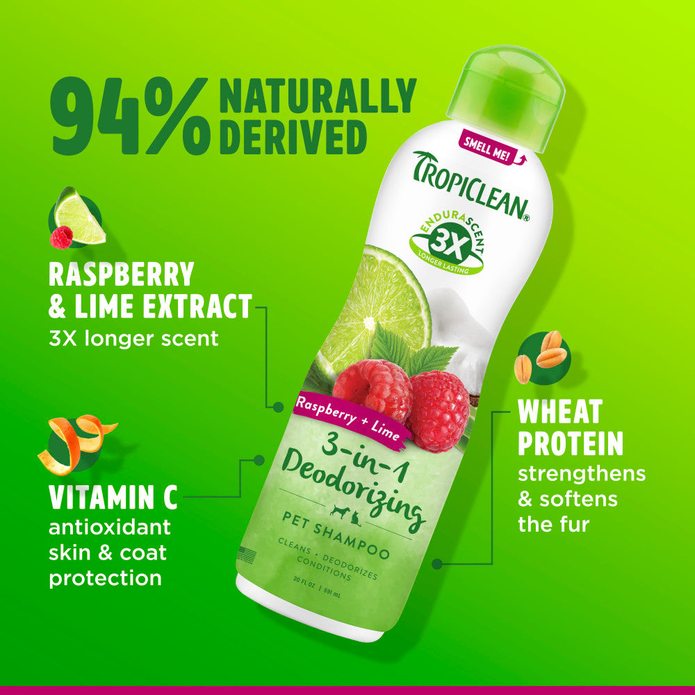 TropiClean EnduraScent Raspberry Lime Deodorizing Shampoo bottle with green background and product features.