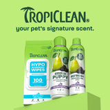 TropiClean puppy line up on light green background.