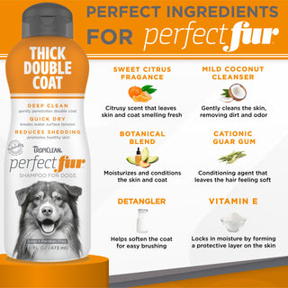 TropiClean Perfect Fur Thick Double Coat Shampoo for Dogs. Shampoo bottle with ingredients listed on an orange and white background.