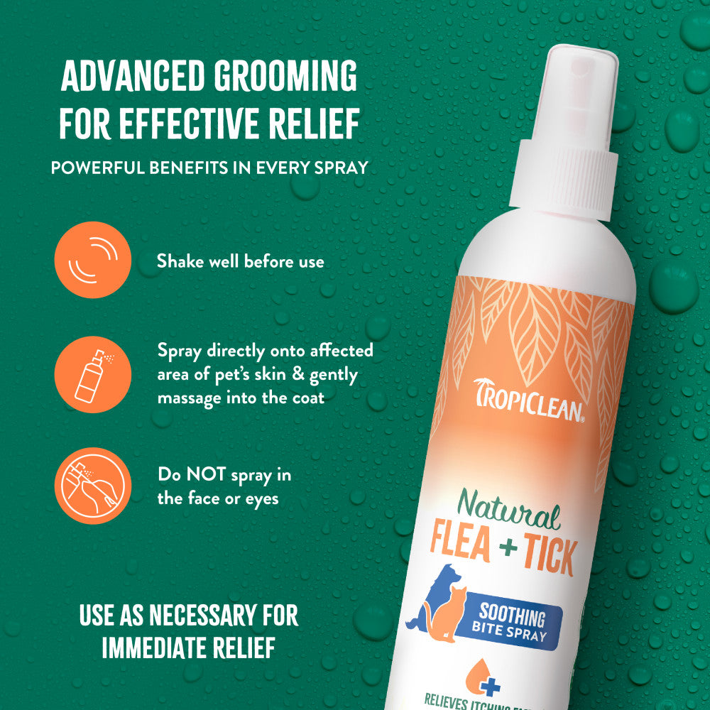TropiClean Natural Flea + Tick Bite Relief Spray for Pets on a green background with usage instructions.