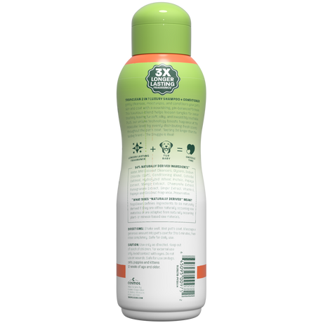 TropiClean Papaya + Coconut Pet Shampoo & Conditioner, 3X Back bottle on white background.