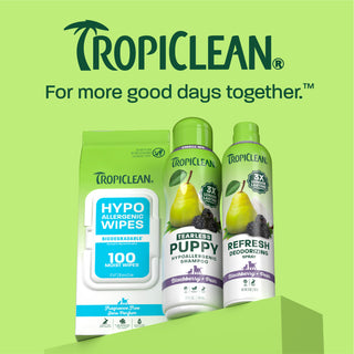 TropiClean puppy line up on light green background.
