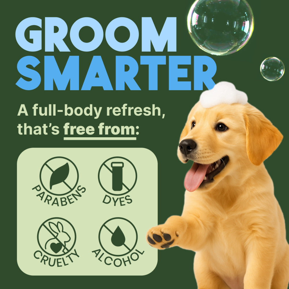 Dog with bubbles and 'Groom Smarter' text on a green background