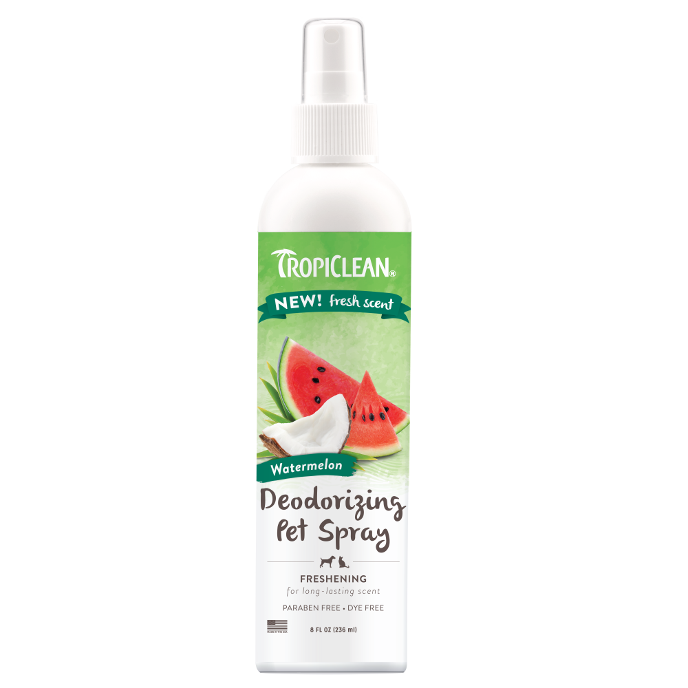 TropiClean Watermelon Deodorizing Spray for Dogs and Cats, image of front of bottle
