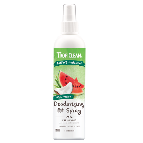 TropiClean Watermelon Deodorizing Spray for Dogs and Cats, image of front of bottle