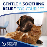 Dog and cat lying together with text 'Gentle & Soothing Relief for Your Pet' and 'Enzymatic Ear Cleaner' branding.