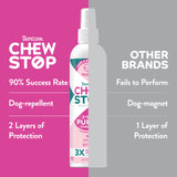 TropiClean Chew Stop Behavior Aid Puppy Spray bottle with comparison product text on a pink and gray background