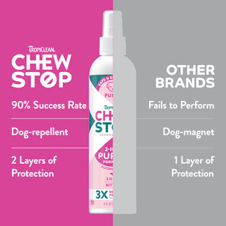 TropiClean Chew Stop Behavior Aid Puppy Spray bottle with comparison product text on a pink and gray background