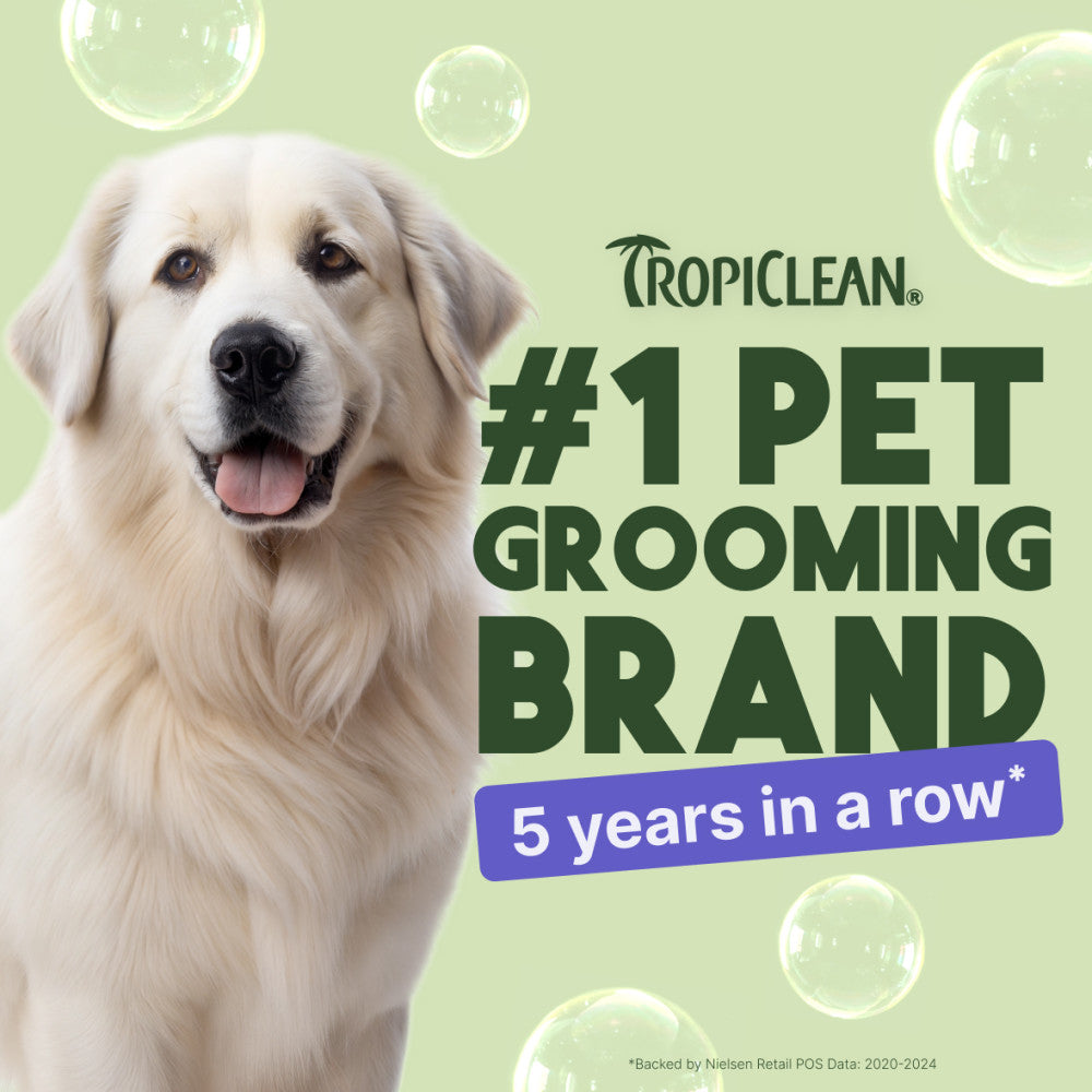 TropiClean Awapuhi & Coconut Whitening Shampoo for Pets advertisement with a dog and text stating they're top grooming brand