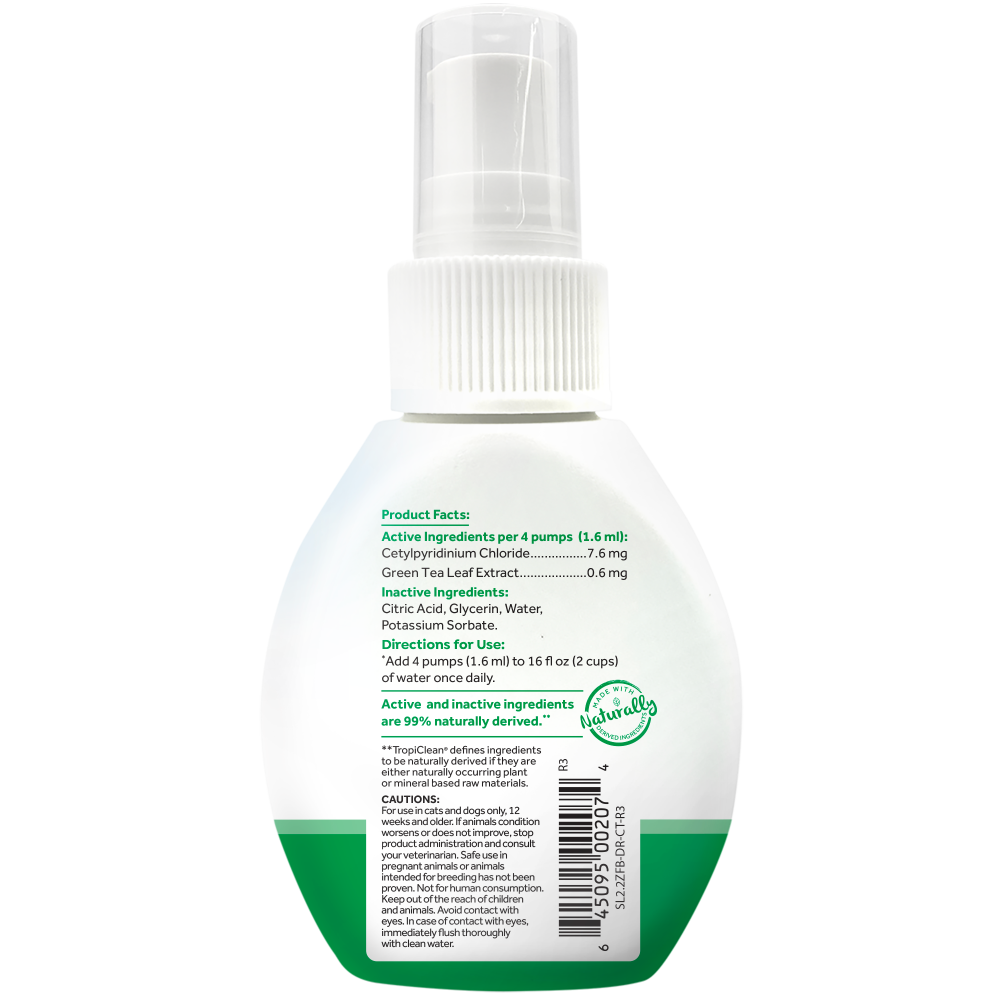 TropiClean Fresh Breath Cat Dental Water Additive Concentrate, image of back of bottle