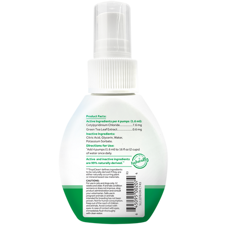 TropiClean Fresh Breath Cat Dental Water Additive Concentrate, image of back of bottle