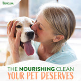 Woman kissing a dog with Tropiclean logo and text about pet care.