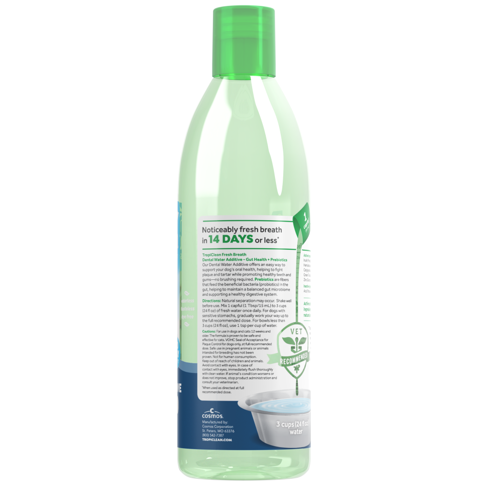 TropiClean Fresh Breath Dental Water Additive Plus Gut Health for Dogs, back image of bottle