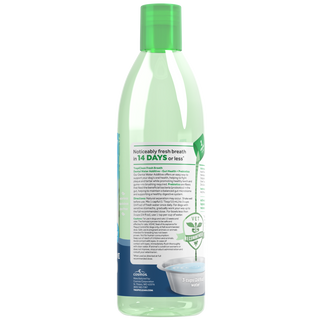 TropiClean Fresh Breath Dental Water Additive Plus Gut Health for Dogs, back image of bottle