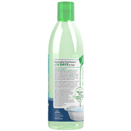 TropiClean Fresh Breath Dental Water Additive Plus Gut Health for Dogs, back image of bottle