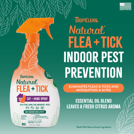 TropiClean Natural Flea + Tick Home + Cat Spray, indoor pest prevention spray bottle with text.