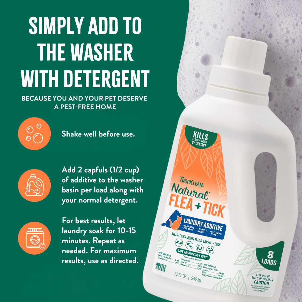 TropiClean Natural Flea + Tick Laundry Additive, bottle with usage instructions on a green background