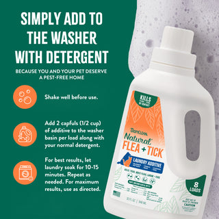 TropiClean Natural Flea + Tick Laundry Additive, bottle with usage instructions on a green background