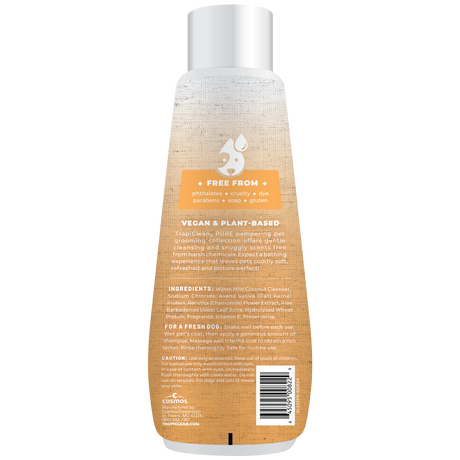 TropiClean PURE Sunset Summer Oatmeal Itch Relief Plant-Based Pet Shampoo, back of 22oz bottle