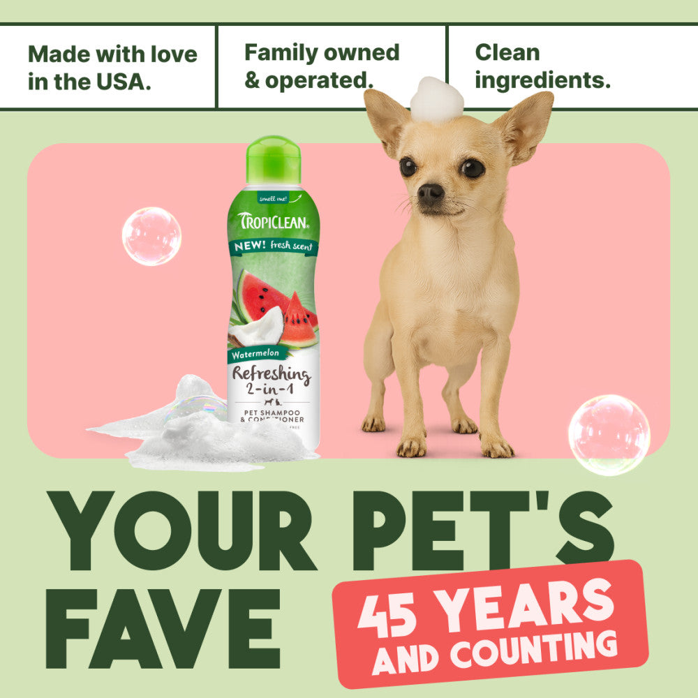 TropiClean Watermelon Refreshing 2-in-1 Pet Shampoo & Conditioner bottle with a small dog and text about family ownership and product features.