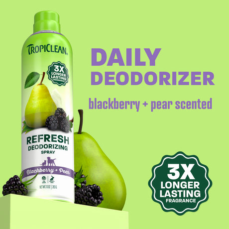 Green aerosol spray bottle with pear and blackberry imagery on label against lime green background.