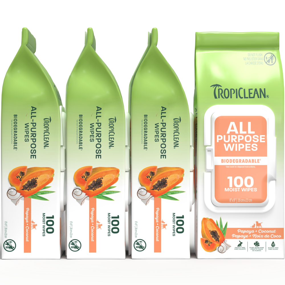 TropiClean all purpose papaya wipes 4 pack on white background