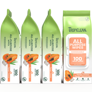 TropiClean all purpose papaya wipes 4 pack on white background
