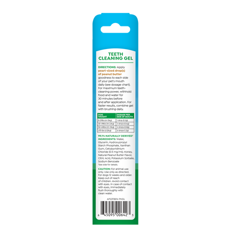 Fresh Breath Enticers Peanut Butter & Honey Tartar Control Dog Toothpaste by TropiClean, back of 2oz package.