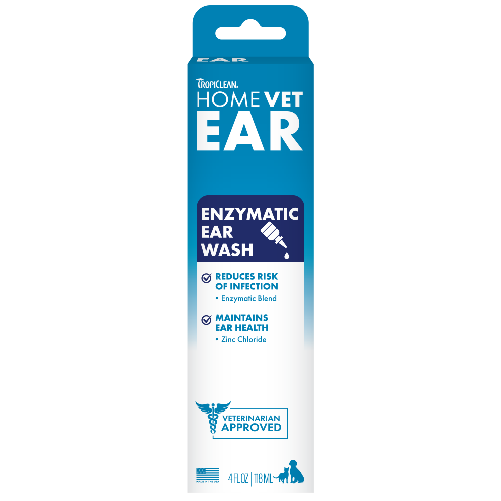 TropiClean HomeVet Enzymatic Ear Wash for Cats & Dogs, front of package