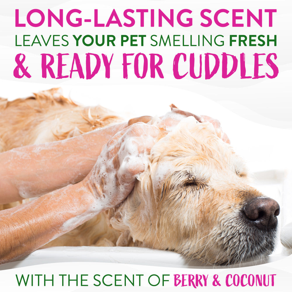 TropiClean Berry & Coconut Deep Cleansing Shampoo for Pets. Dog being washed with soap suds, text about long-lasting scent and berry & coconut scent.