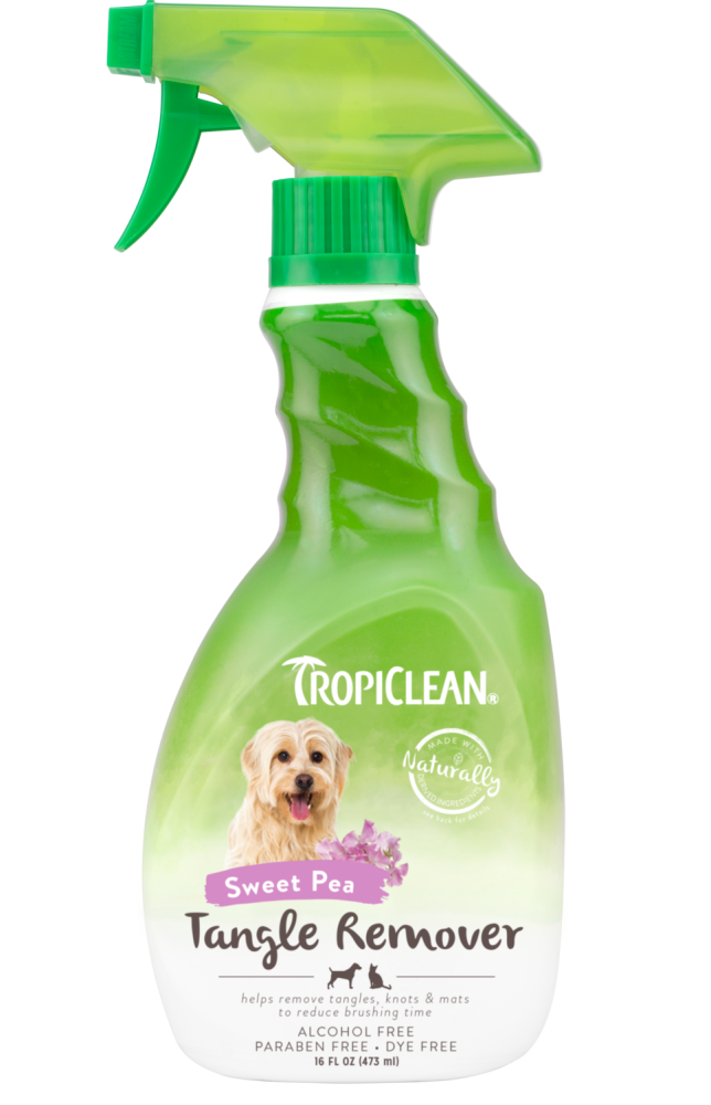 TropiClean Sweet Pea Tangle Remover Spray for Dogs & Cats, front of 16oz spray bottle