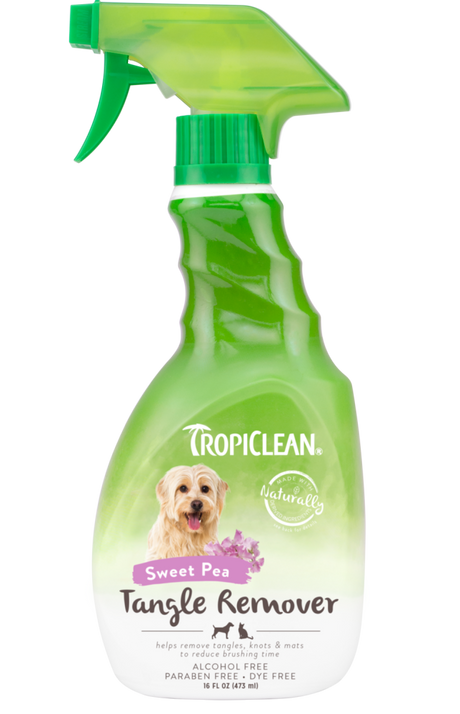 TropiClean Sweet Pea Tangle Remover Spray for Dogs & Cats, front of 16oz spray bottle