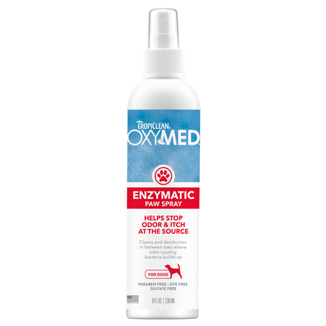 TropiClean OxyMed Enzymatic Paw Odor and Itch Pet Spray, front of 8oz spray bottle