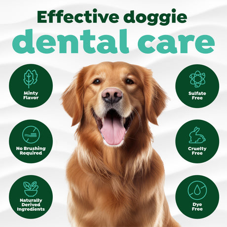 TropiClean Fresh Breath No-Brushing Dental Gel for Dogs. Dog with 'Effective doggie dental care' text and icons.