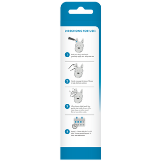 TropiClean HomeVet Medicated Dog Ear Drops, back of 2oz package with instructions