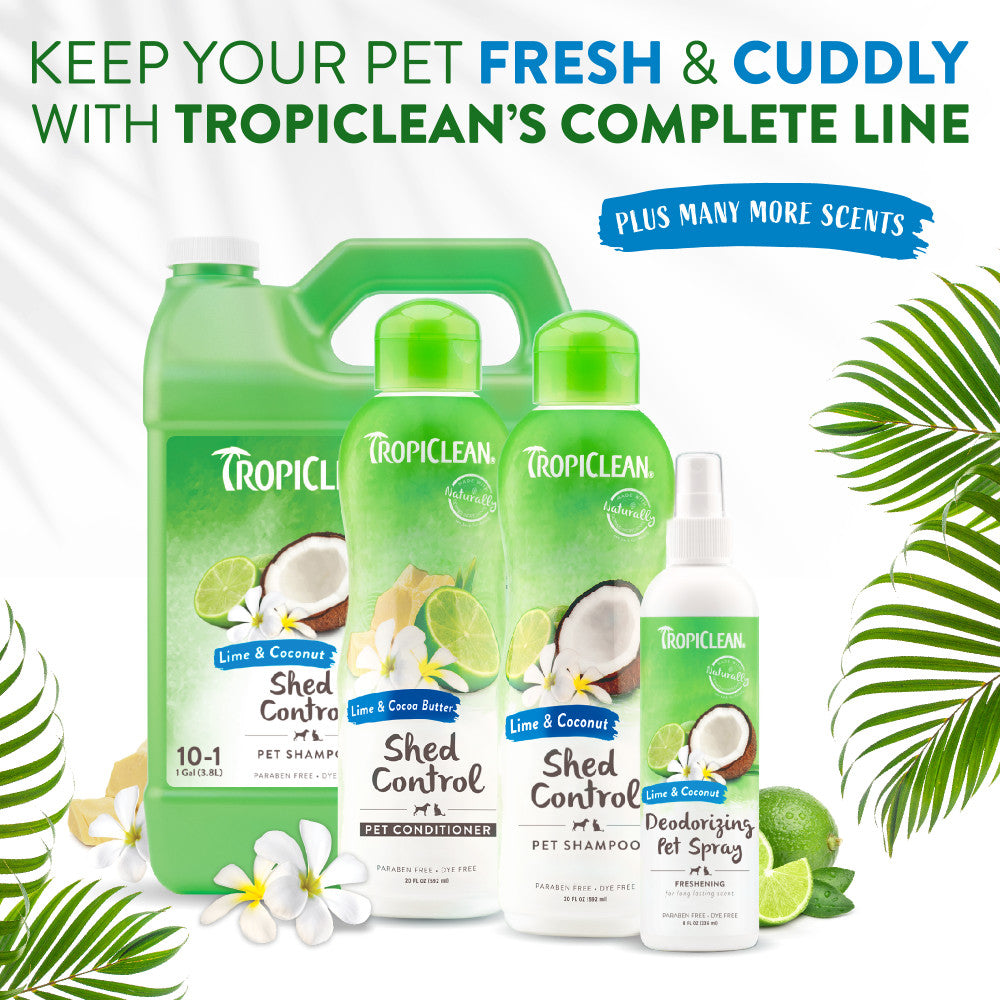 Tropiclean pet shed control products including shampoo, conditioner, and deodorizing spray with green leaves and flowers.