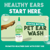 Tropiclean Cocoa Butter Pet Ear Wash bottle with promotional text on a green background