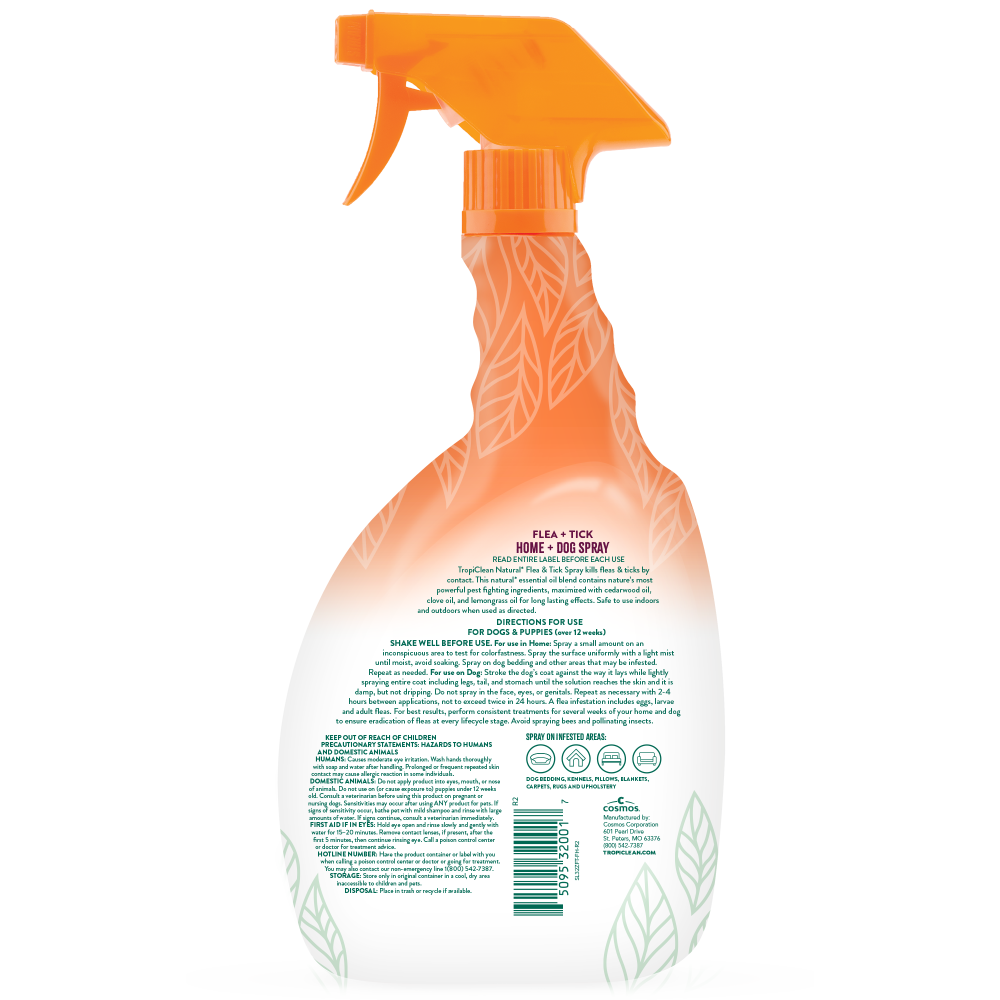 TropiClean Flea and Tick Pet & Bedding Spray for Dogs, back of 32oz spray bottle.