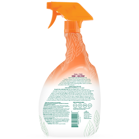 TropiClean Flea and Tick Pet & Bedding Spray for Dogs, back of 32oz spray bottle.