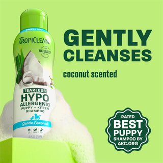 TropiClean hypoallergenic shampoo bottle on light green background.